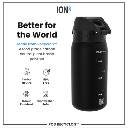 A black water bottle sits against a white background. It is made from Recyclon™, a plant-based polymer, and is BPA-free, odour-resistant, and dishwasher safe. The bottle's capacity markings range from 100ml to 350ml (12oz).