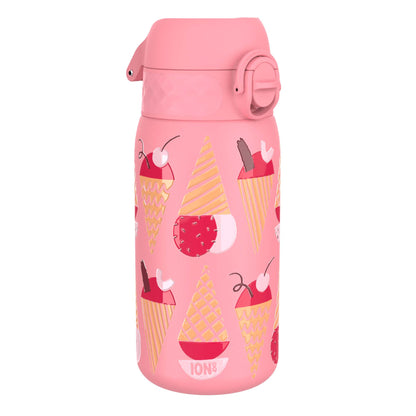 A pink, ice cream-patterned water bottle sits against a white background. The bottle features a flip-top lid and the brand "ION8" is visible at the base.