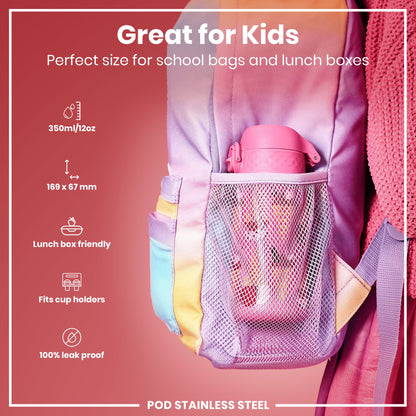 A pink water bottle fits inside a pastel-colored backpack's mesh pocket; it’s designed for kids' school bags and lunchboxes. The bottle is 350ml/12oz, 169 x 67 mm, lunchbox and cup-holder friendly, and 100% leak-proof.