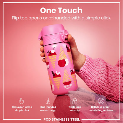 A pink water bottle with ice cream graphics is being held. Its flip top opens one-handed. The bottle is advertised as one-touch, leak-proof, and with triple lock security.