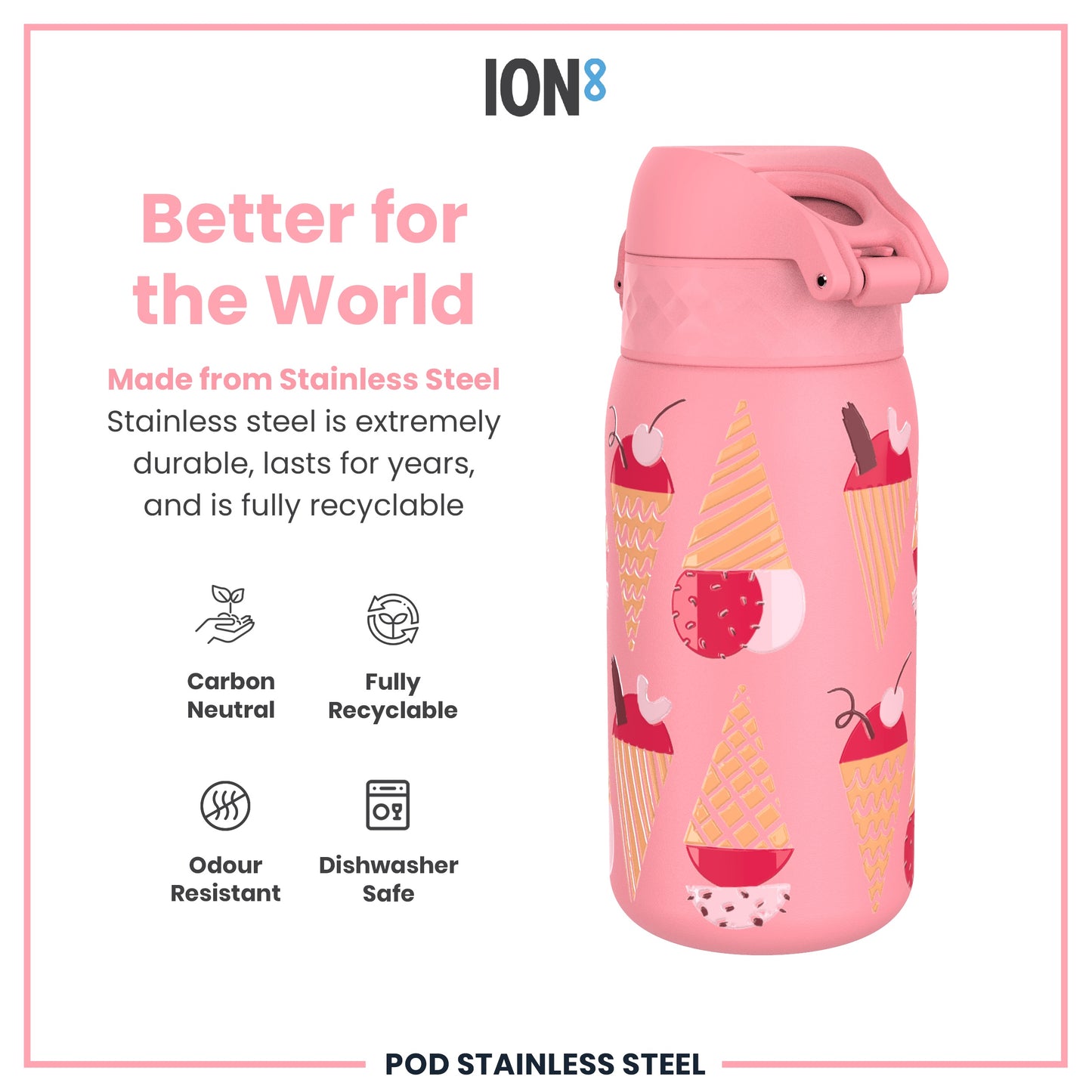 A pink stainless steel water bottle, featuring ice cream cone designs, sits against a white background. The bottle is described as durable, recyclable, carbon neutral, odour resistant, and dishwasher safe.