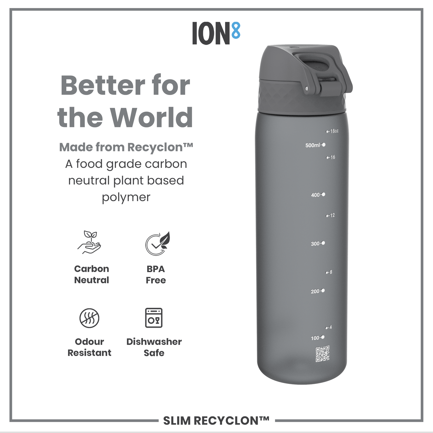 Leak Proof Slim Water Bottle, Recyclon, Grey, 500ml (18oz)