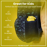 A dark-blue shark-patterned backpack, containing a yellow water bottle, sits in a child’s side pocket. Measurements and features, including leak-proof design, are listed. 