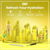 Several yellow ION8 water bottles, varying in size and design, are displayed on a yellow surface. Refresh Your Hydration. Choose from 3 different materials. Sizes to suit any user. Hundreds of designs to choose from. Shop our wide range of accessories.