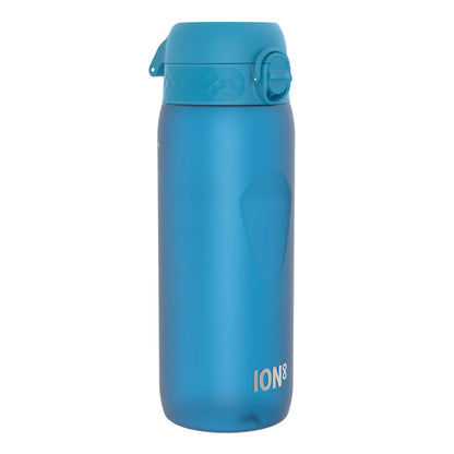 A blue plastic water bottle stands upright against a white background. The bottle has a screw-on lid with a carrying loop and the logo ION8 is visible near the base.