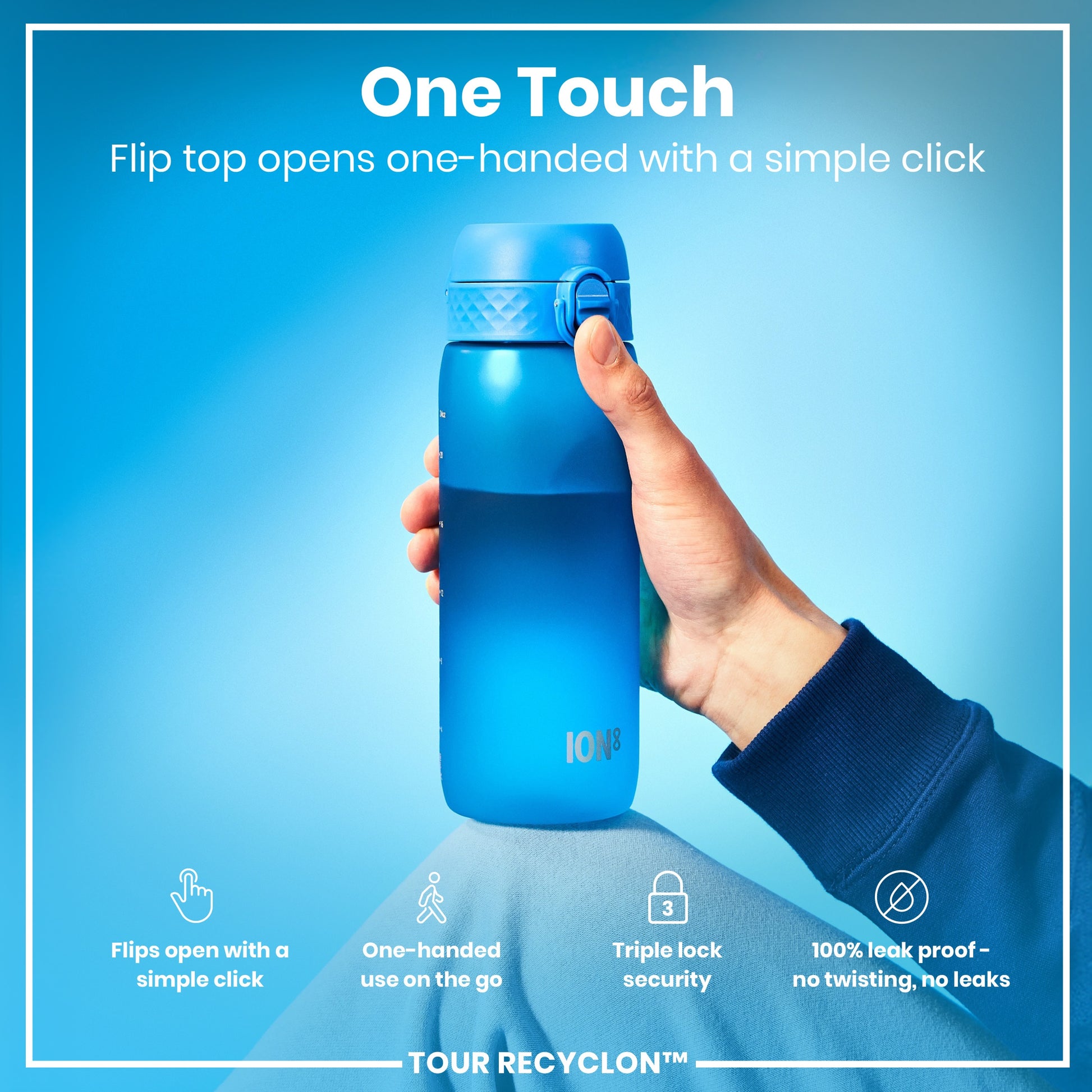 A blue water bottle is being held. Its flip top opens one-handed with a simple click. The bottle is shown against a light blue background. TOUR RECYCLON™ is also visible.