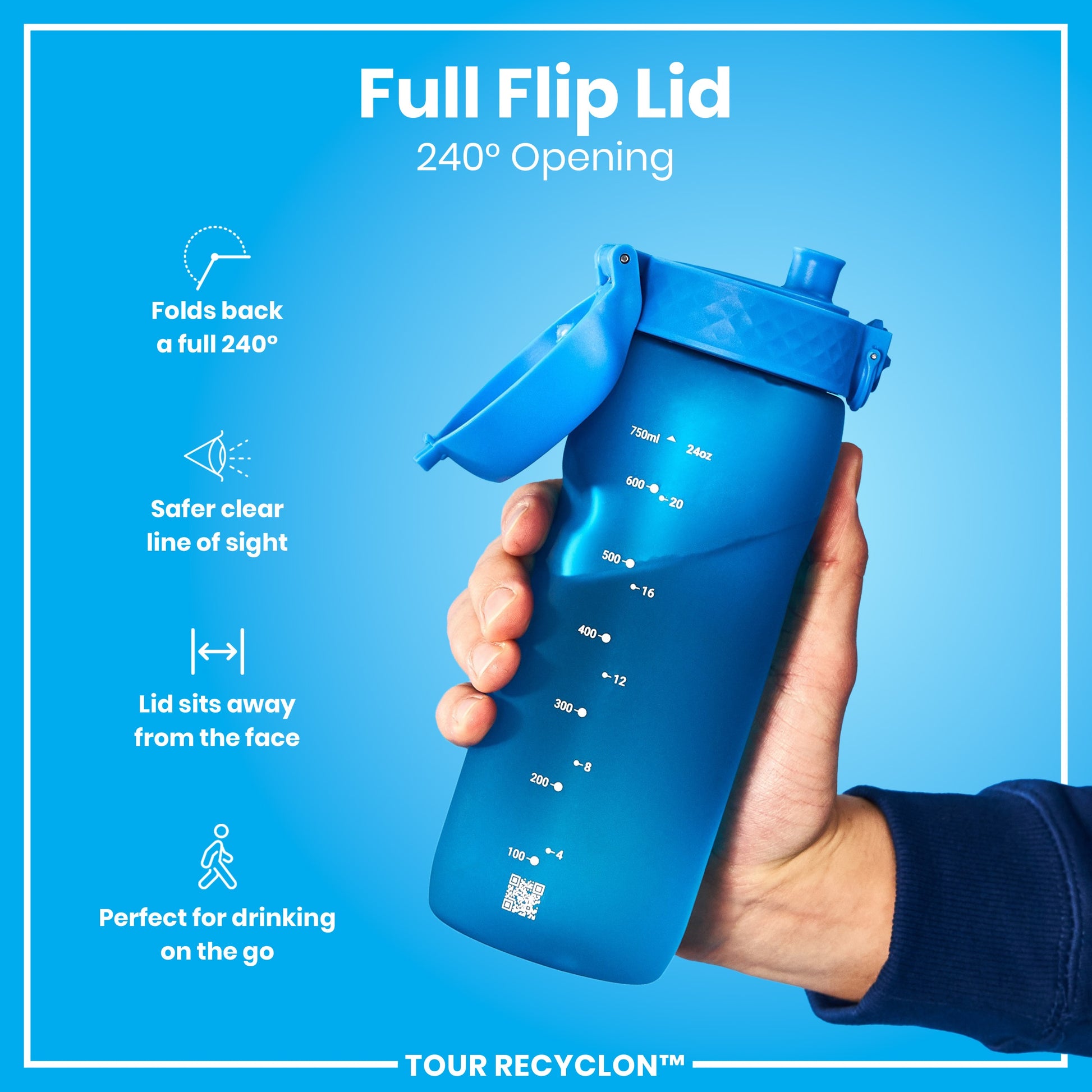 A blue water bottle with a flip lid is being held; its lid folds back 240 degrees. The bottle has measurements and a QR code; it’s advertised as perfect for on-the-go drinking.