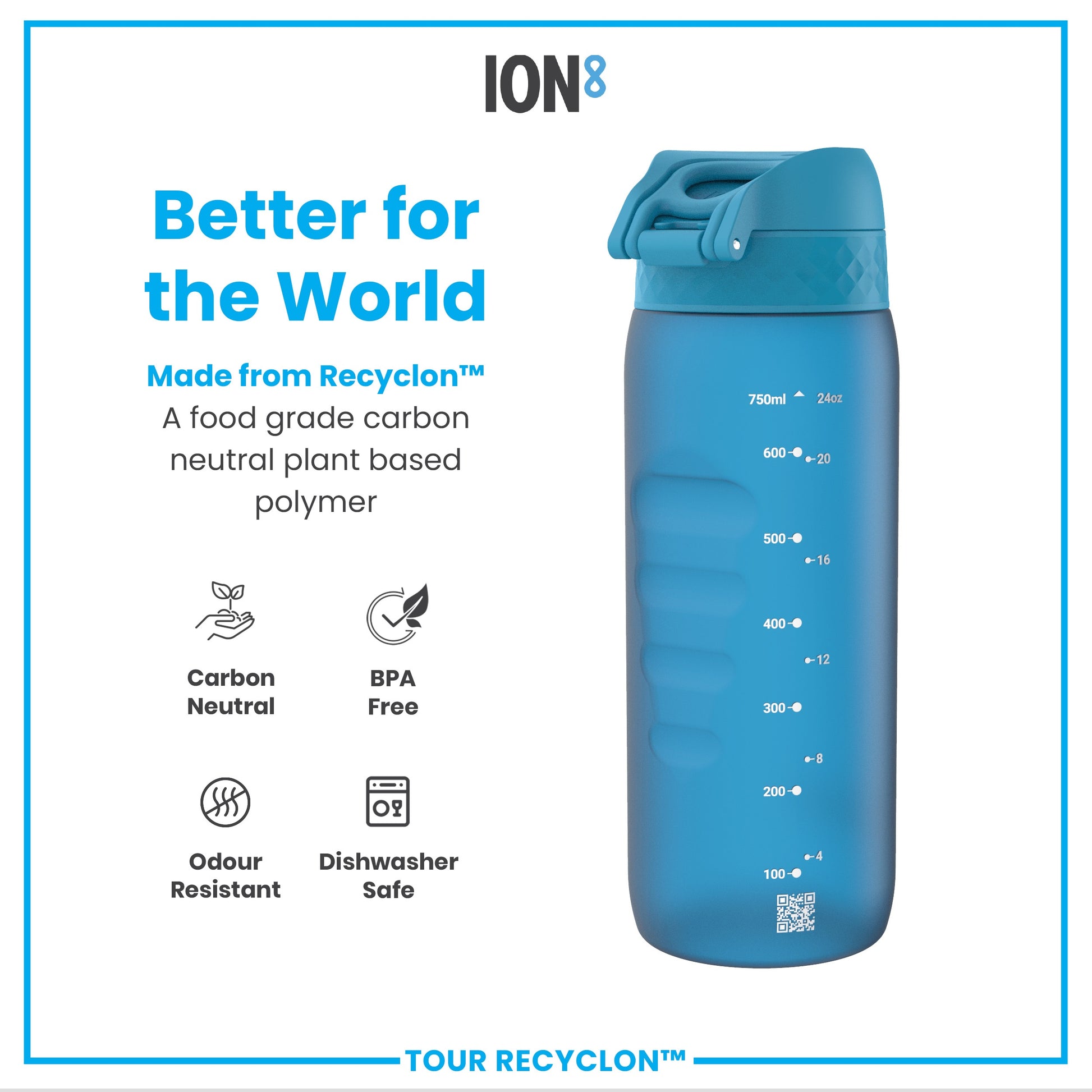 A blue water bottle sits against a white background. It is made from Recyclon™, a plant-based polymer, and features volume markings. The bottle is BPA-free, odour resistant, and dishwasher safe. Better for the world.