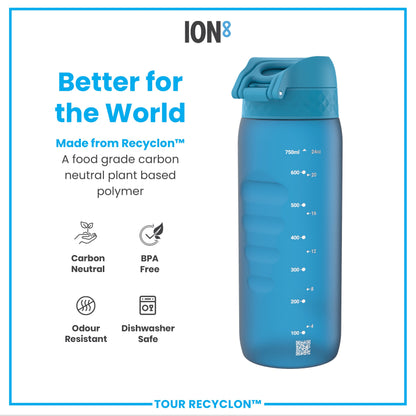 A blue water bottle sits against a white background. It is made from Recyclon™, a plant-based polymer, and features volume markings. The bottle is BPA-free, odour resistant, and dishwasher safe. Better for the world.