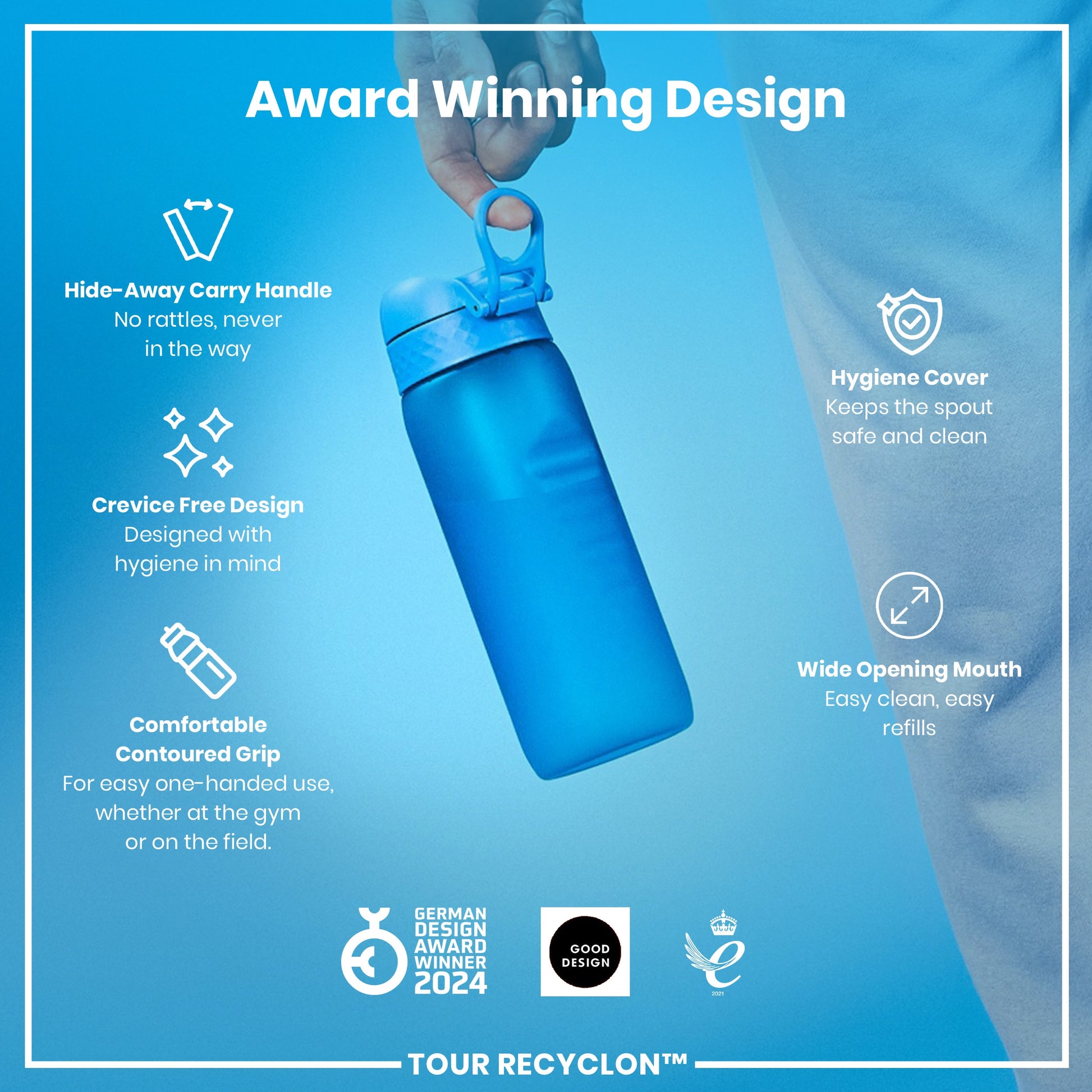 A blue water bottle is being held; its features are highlighted, including a hide-away handle, crevice-free design, contoured grip, hygiene cover, and wide mouth. Awards are displayed. "TOUR RECYCLON™" is also shown.