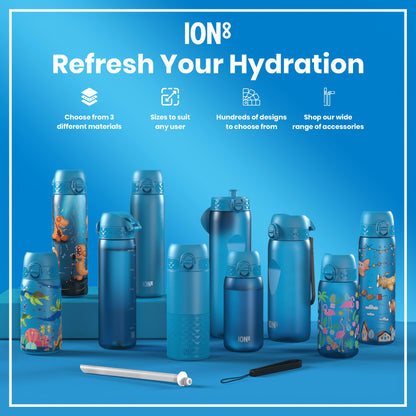 Several ION8 water bottles, various sizes and designs, are displayed on a blue surface; advertising copy highlights material choices, sizes, designs and accessories.