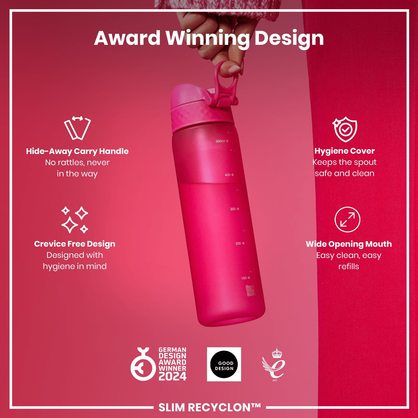 Leak Proof Slim Water Bottle, Recyclon, Pink, 500ml (18oz)