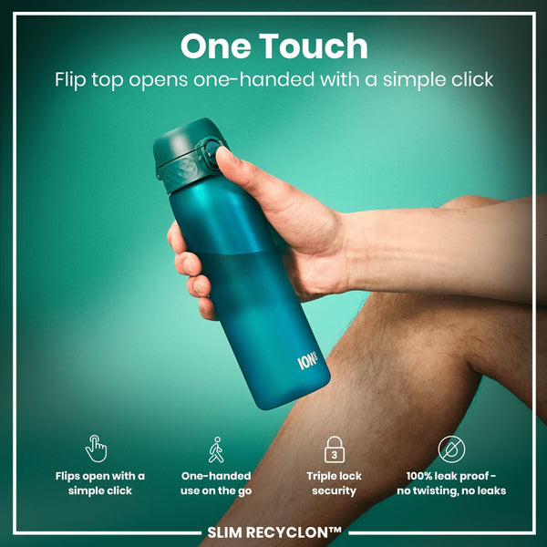 A teal water bottle stands upright against a white background. The bottle has a hinged, textured lid with a push-button closure. The brand "ION8" is visible near the base.