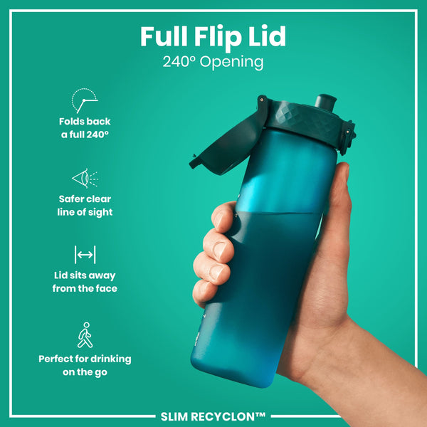 A teal water bottle stands upright against a white background. The bottle has a hinged, textured lid with a push-button closure. The brand "ION8" is visible near the base.