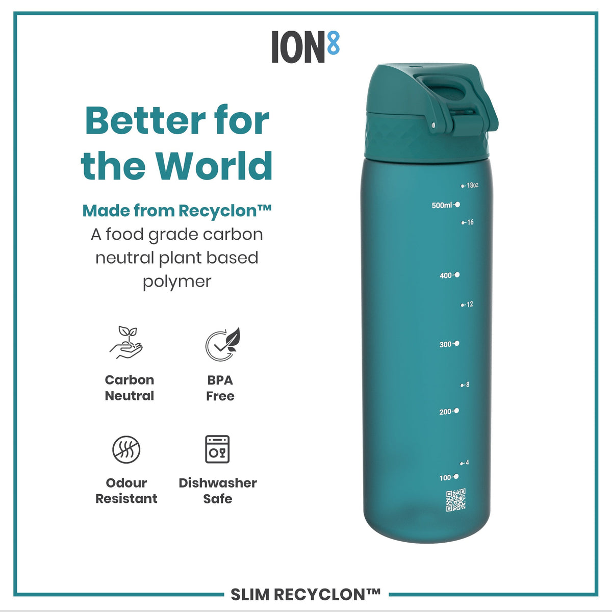 A teal water bottle stands upright against a white background. The bottle has a hinged, textured lid with a push-button closure. The brand "ION8" is visible near the base.
