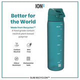 A teal water bottle stands upright against a white background. The bottle has a hinged, textured lid with a push-button closure. The brand 