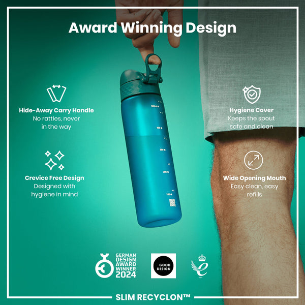 A teal water bottle stands upright against a white background. The bottle has a hinged, textured lid with a push-button closure. The brand "ION8" is visible near the base.