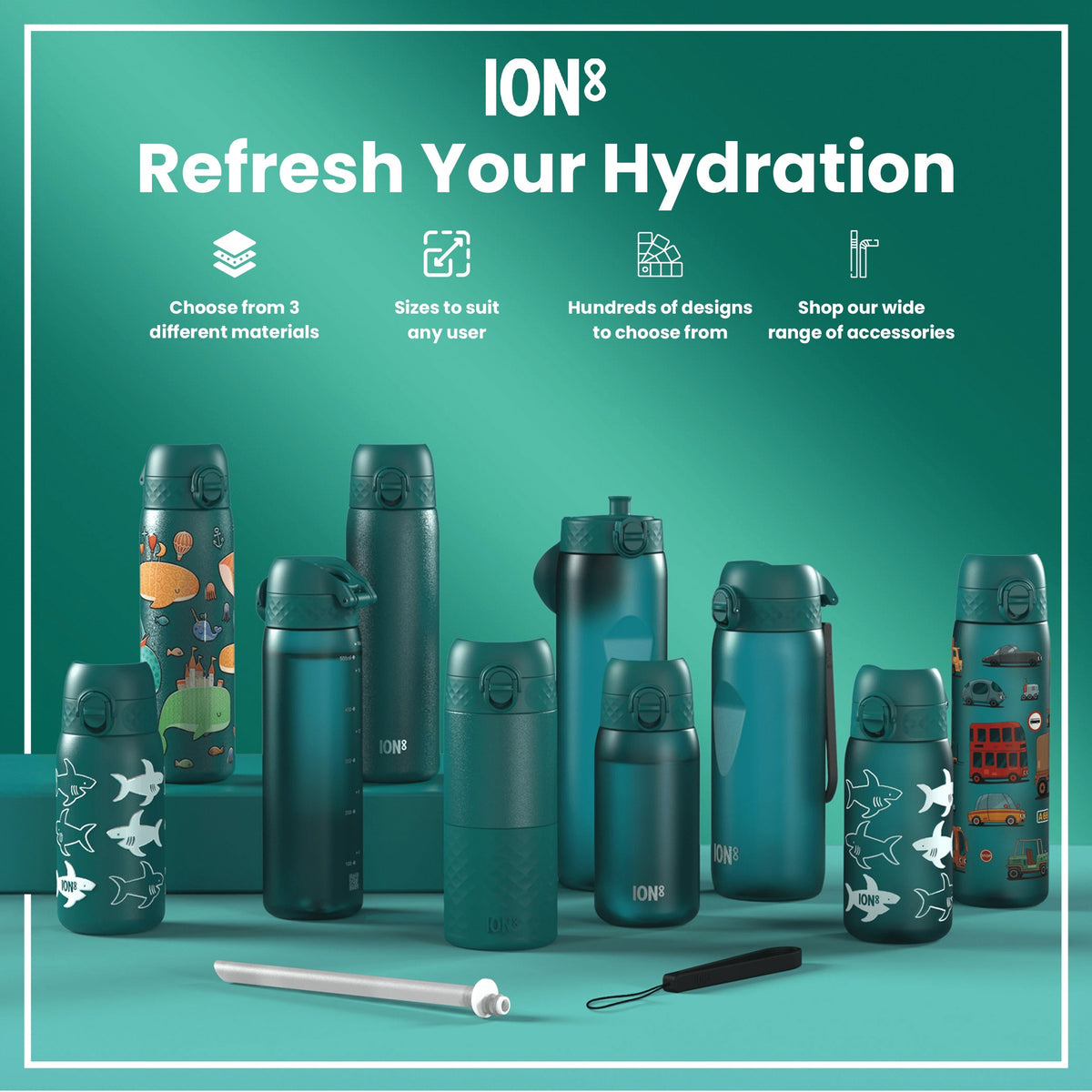 A teal water bottle stands upright against a white background. The bottle has a hinged, textured lid with a push-button closure. The brand "ION8" is visible near the base.