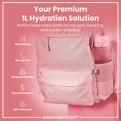 Leak Proof 1 litre Water Bottle, Recyclon, Rose Quartz