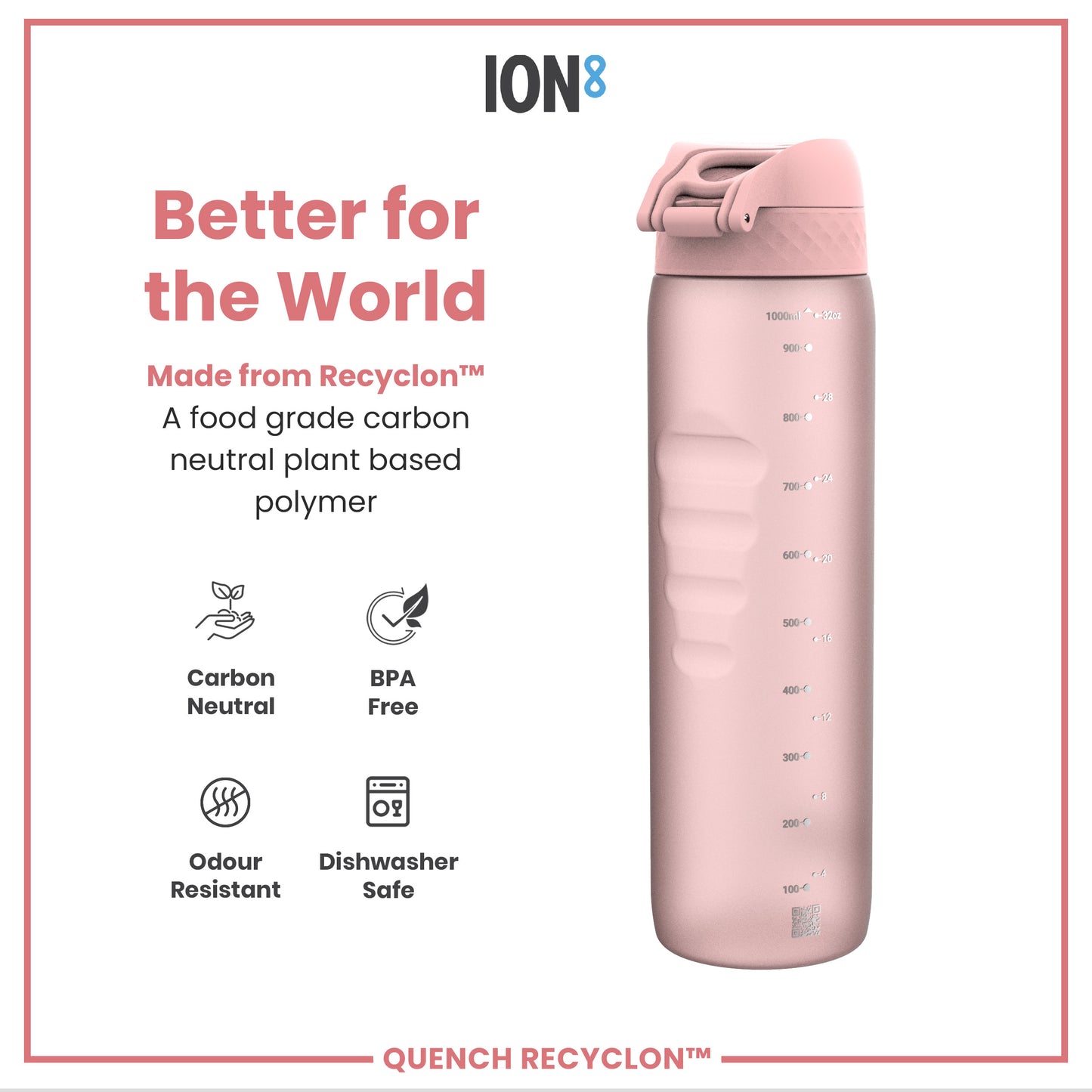 Leak Proof 1 litre Water Bottle, Recyclon, Rose Quartz