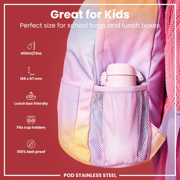 Leak Proof Kids Water Bottle, Stainless Steel, Lilac Dusk, 400ml (13oz)