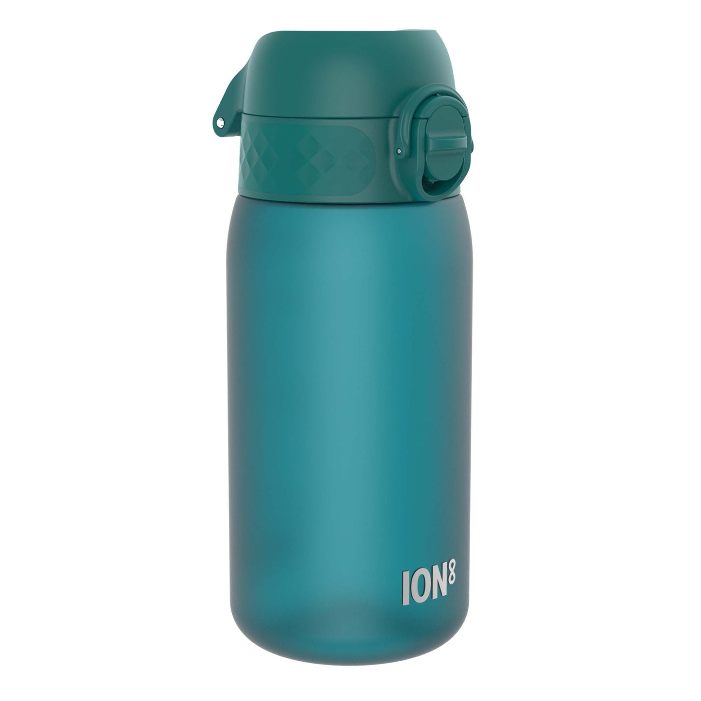 A teal water bottle sits against a white background. The bottle has a flip-top lid and the brand name ION8 is visible near the bottom.