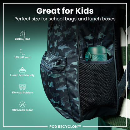 A shark-patterned backpack rests against a teal background; it contains a green water bottle, and its dimensions and features are specified.