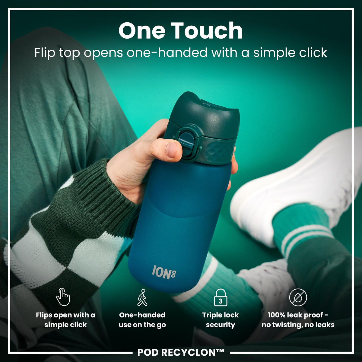 A teal water bottle sits against a white background. The bottle has a flip-top lid and the brand name ION8 is visible near the bottom.