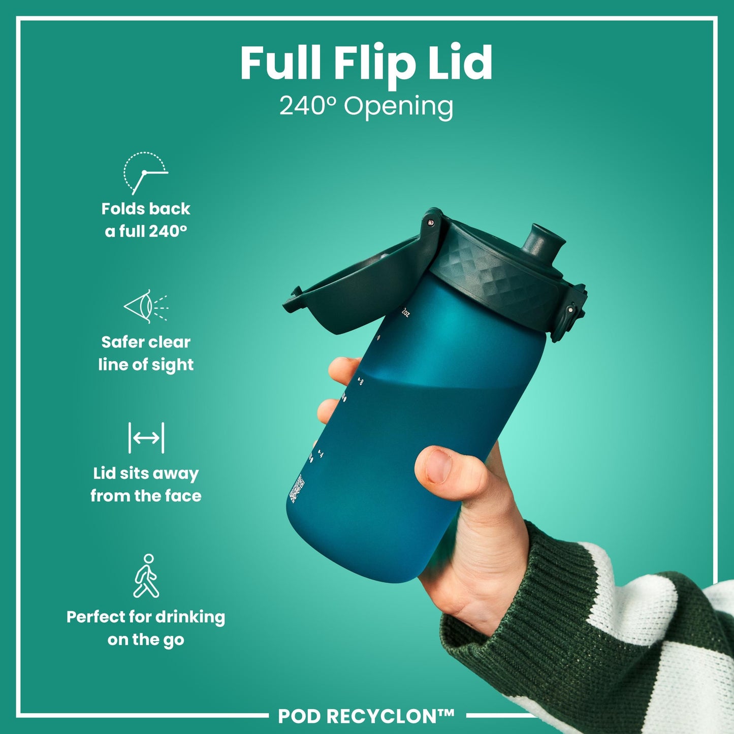 A teal water bottle with a dark-grey flip lid is held; the lid is open, showing a 240° opening. The bottle is shown against a teal background, highlighting its features. POD RECYCLON™ is visible.