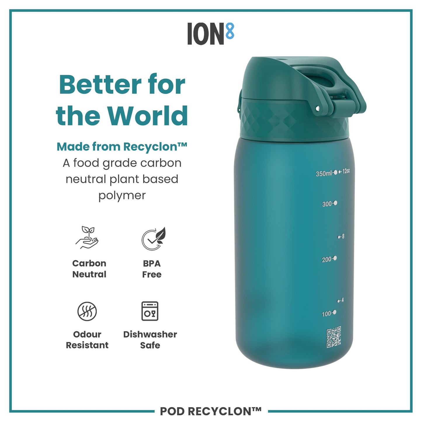 A teal water bottle sits on a white background; it displays measurement markings and a QR code. The bottle is made from a plant-based polymer and is advertised as carbon neutral, BPA free, odour resistant and dishwasher safe.