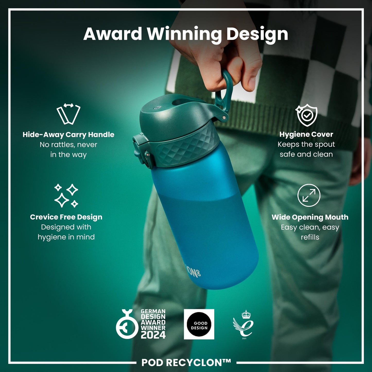 A teal water bottle is held by a hand. The bottle features a hide-away handle, a hygiene cover, and a wide opening mouth. It's an award-winning design.