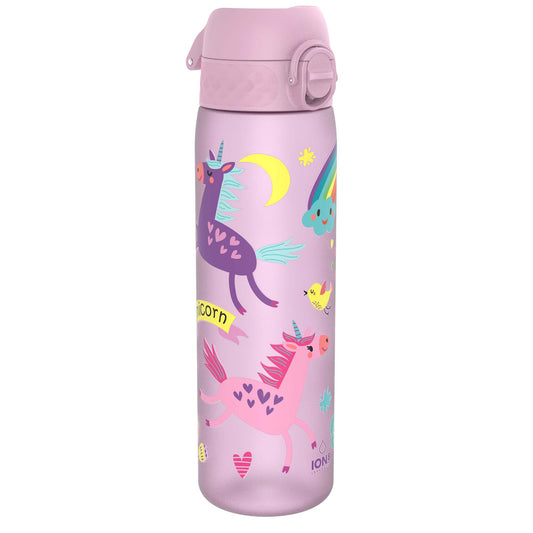 A lavender-colored water bottle, adorned with unicorns, rainbows, and a bird, sits on a white background. The bottle is leakproof and has a hinged lid. Part of the text on the bottle reads “icorn” and “ION8 LEAKPROOF”.