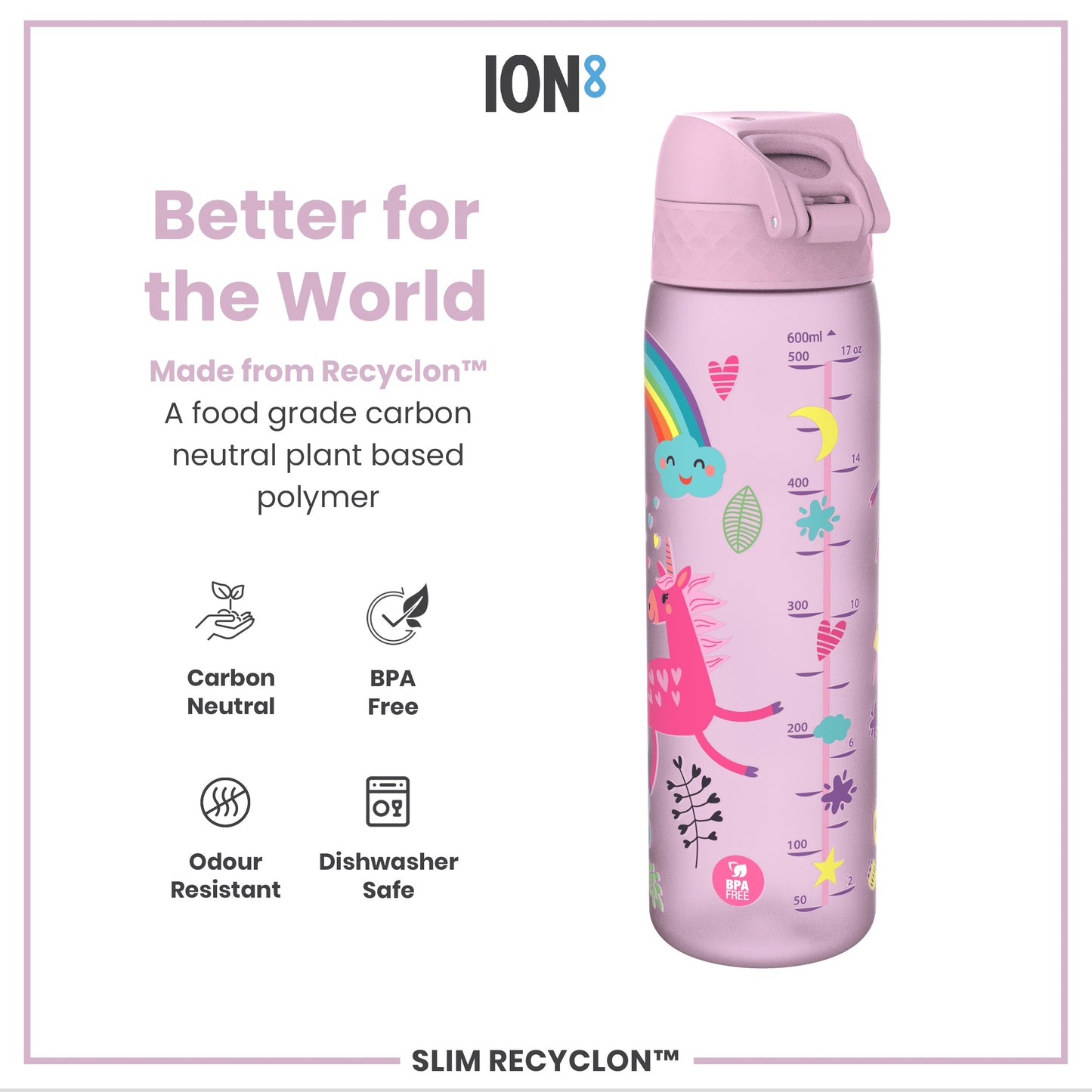 Leak Proof Slim Water Bottle, Recyclon, Unicorns, 500ml (18oz)