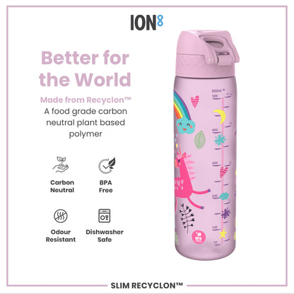 Leak Proof Slim Water Bottle, Recyclon, Unicorns, 500ml (18oz)