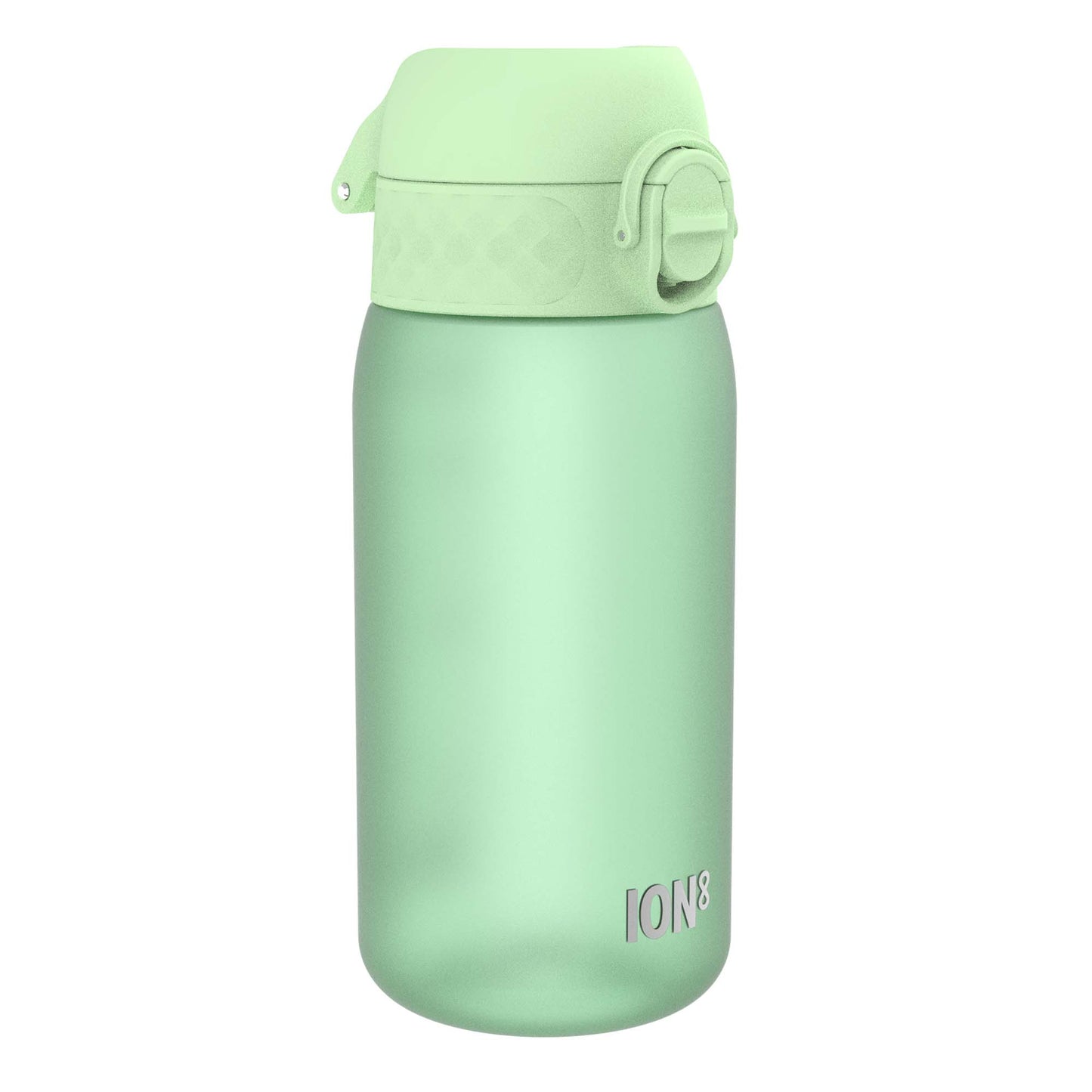 A light green ION8 water bottle sits on a white background. The bottle has a hinged lid.