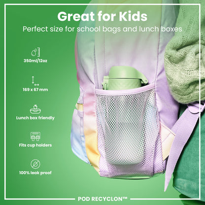 A light-green water bottle fits inside a pastel-purple school backpack's mesh pocket. The backpack is shown against a green background. "Great for Kids. Perfect size for school bags and lunch boxes. 350ml/12oz. 169 x 67 mm. Lunch box friendly. Fits cup holders. 100% leak proof. POD RECYCLON™"