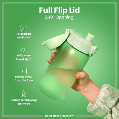 A light green water bottle with a full flip lid is being held. The lid folds back 240 degrees, providing a safer, clearer line of sight; it sits away from the face. The bottle is perfect for on-the-go drinking. POD RECYCLON™