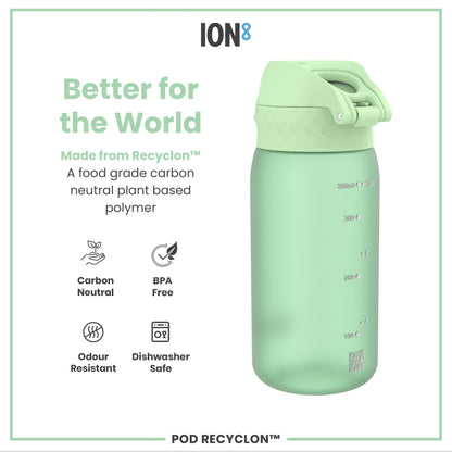 A light-green water bottle sits against a white background. It is made from Recyclon™, a food-grade, carbon-neutral plant-based polymer. The bottle is BPA-free, odour-resistant, and dishwasher-safe.