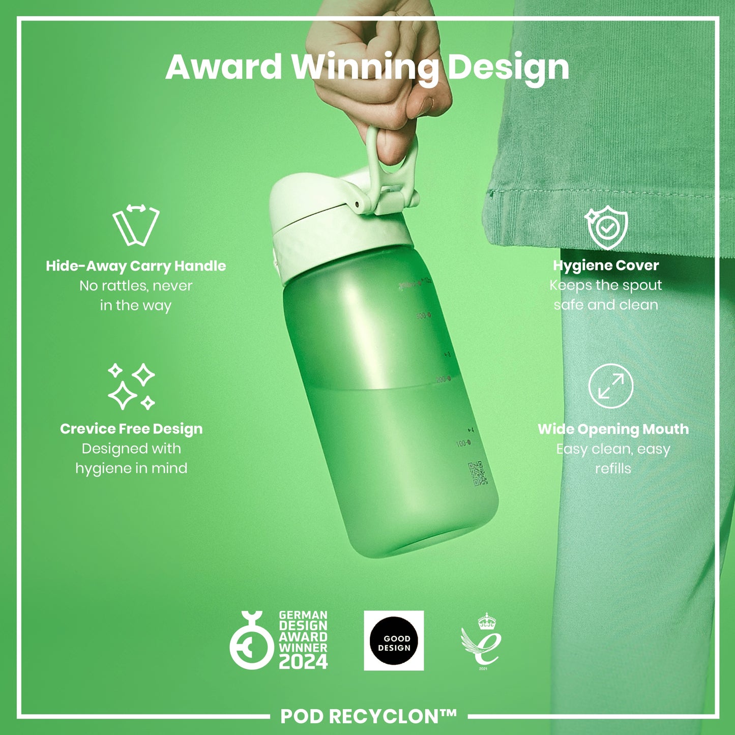 A light green water bottle is being held. Its features are highlighted: a hide-away handle, hygiene cover, crevice-free design, and wide mouth. It’s an award-winning design.