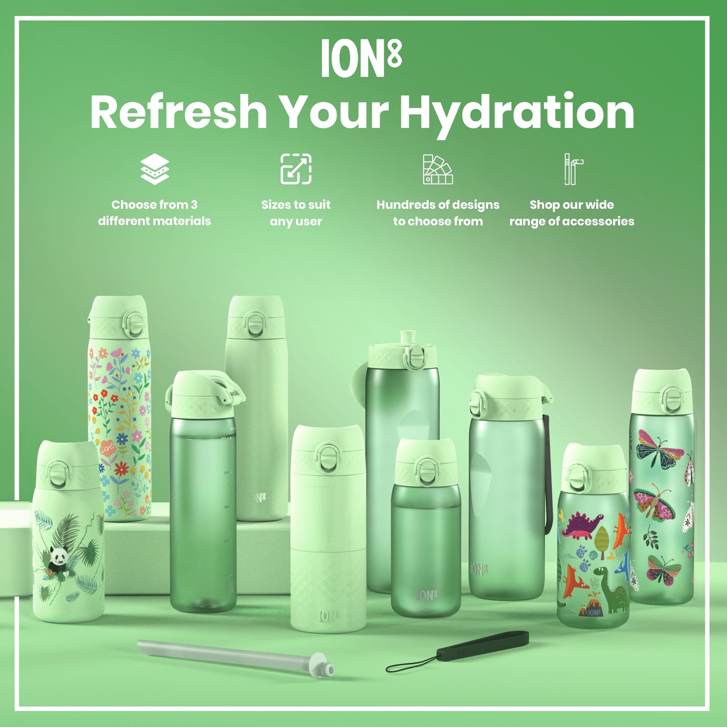 Several pastel-green water bottles, varying in size and design, are displayed on a green surface. They showcase different patterns and materials. The surrounding text advertises the brand "ION8" and highlights customization options.