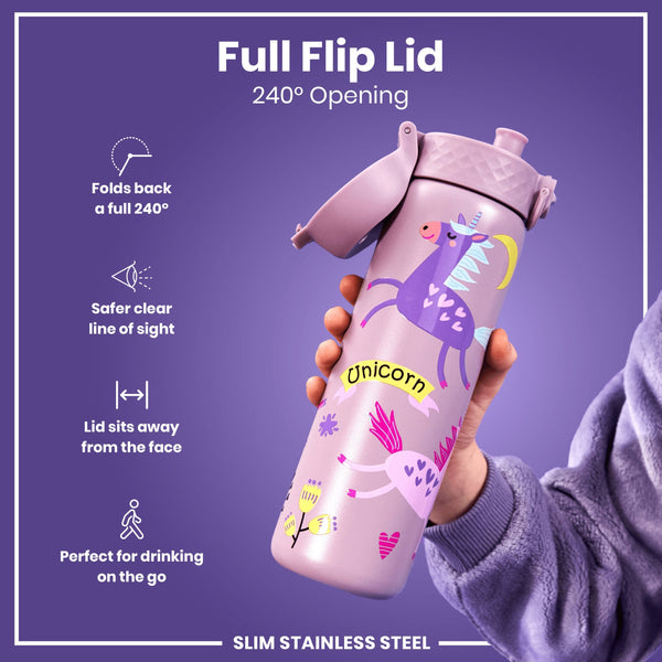 Leak Proof Slim Water Bottle, Stainless Steel, Unicorns, 600ml (20oz)