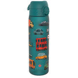 A teal water bottle stands upright, displaying various cartoon vehicles on its surface against a white background. The bottle features a teal lid with a flip-top opening mechanism. A small red circle with the word 