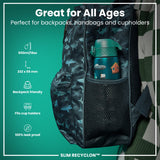A teal water bottle stands upright, displaying various cartoon vehicles on its surface against a white background. The bottle features a teal lid with a flip-top opening mechanism. A small red circle with the word 