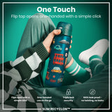 A teal water bottle stands upright, displaying various cartoon vehicles on its surface against a white background. The bottle features a teal lid with a flip-top opening mechanism. A small red circle with the word 