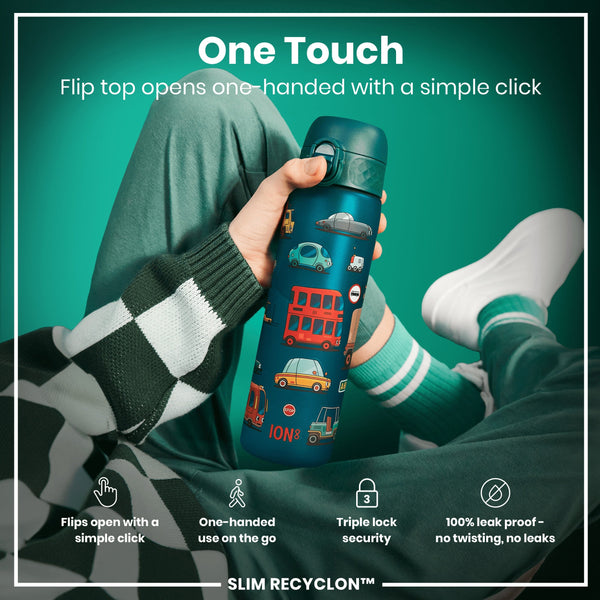 A teal water bottle stands upright, displaying various cartoon vehicles on its surface against a white background. The bottle features a teal lid with a flip-top opening mechanism. A small red circle with the word "STOP" is visible near the bottom.