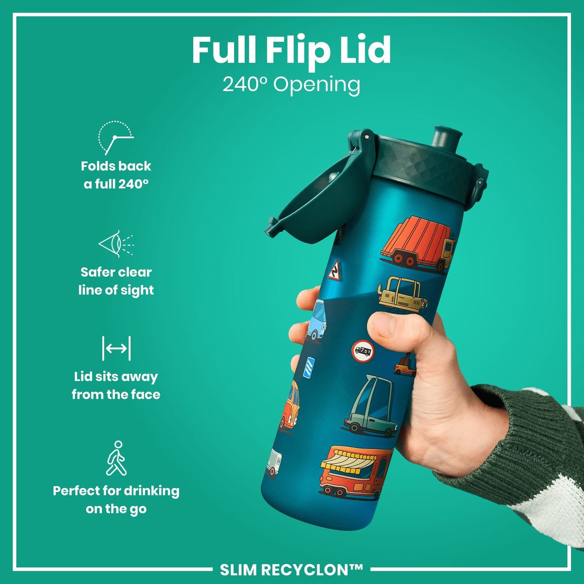 A teal water bottle stands upright, displaying various cartoon vehicles on its surface against a white background. The bottle features a teal lid with a flip-top opening mechanism. A small red circle with the word "STOP" is visible near the bottom.