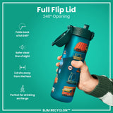 A teal water bottle stands upright, displaying various cartoon vehicles on its surface against a white background. The bottle features a teal lid with a flip-top opening mechanism. A small red circle with the word 