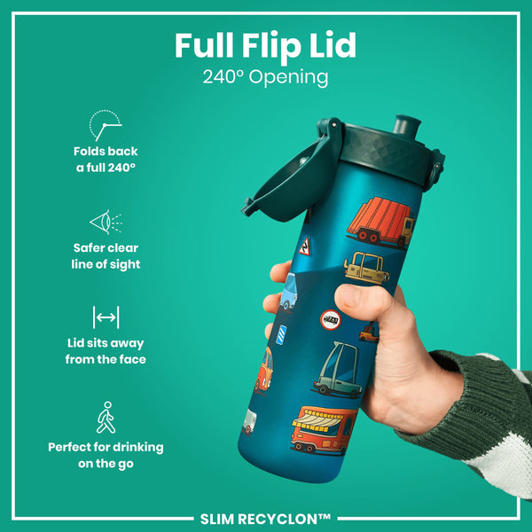 A teal water bottle stands upright, displaying various cartoon vehicles on its surface against a white background. The bottle features a teal lid with a flip-top opening mechanism. A small red circle with the word "STOP" is visible near the bottom.
