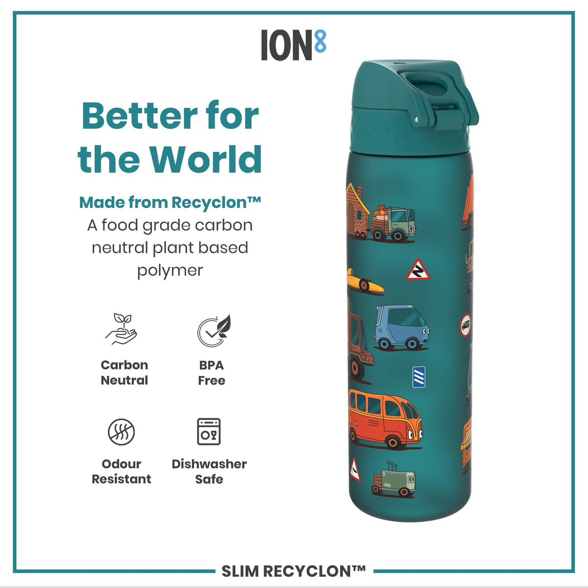 A teal water bottle stands upright, displaying various cartoon vehicles on its surface against a white background. The bottle features a teal lid with a flip-top opening mechanism. A small red circle with the word "STOP" is visible near the bottom.
