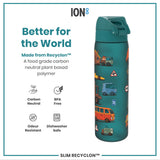 A teal water bottle stands upright, displaying various cartoon vehicles on its surface against a white background. The bottle features a teal lid with a flip-top opening mechanism. A small red circle with the word 